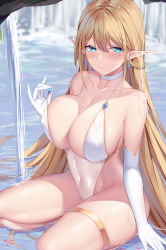 Rule 34 | 1girl, absurdres, bare shoulders, bikini pull, blonde hair, blue eyes, blush, braid, breasts, choker, cleavage, clothes pull, collarbone, elbow gloves, elf, feng mouren, gloves, highres, large breasts, long hair, looking at viewer, navel, original, pointy ears, solo, thighs, water, white gloves