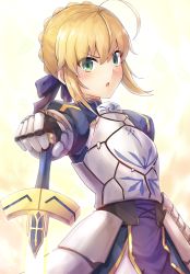 Rule 34 | 1girl, :o, ahoge, armor, armored dress, artoria pendragon (all), artoria pendragon (fate), blue dress, blue ribbon, blush, breastplate, commentary, cowboy shot, dress, excalibur (fate/stay night), fate/stay night, fate (series), faulds, gauntlets, glowing, glowing sword, glowing weapon, hair ribbon, highres, holding, holding sword, holding weapon, looking at viewer, open mouth, outstretched arm, ribbon, saber (fate), samoore, sidelocks, solo, sword, v-shaped eyebrows, weapon, white background