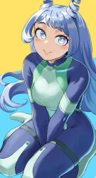 Rule 34 | 1girl, between legs, blue bodysuit, blue eyes, blue hair, bodysuit, boku no hero academia, closed mouth, drill hair, fengling (furin-jp), green bodysuit, hadou nejire, hand between legs, highres, long hair, looking at viewer, multicolored bodysuit, multicolored clothes, seiza, sitting, smile, solo, superhero costume, twin drills, v arms