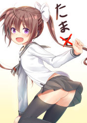Rule 34 | 10s, 1girl, :d, ass, black skirt, black thighhighs, bow, brown hair, commentary request, eyes visible through hair, fang, gradient background, hair bow, highres, long hair, long sleeves, looking at viewer, momochi tamate, niiya, open mouth, pleated skirt, purple eyes, school uniform, serafuku, simple background, skirt, slow start, smile, solo, thighhighs, twintails, white bow