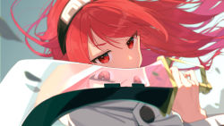 Rule 34 | 1girl, absurdres, blurry, blurry background, blurry foreground, commentary, depth of field, eris greyrat, floating hair, hairband, highres, holding, holding weapon, kounaien (comic1217), long hair, looking at viewer, mushoku tensei, no mouth, red eyes, red hair, reflection, serious, solo, sunlight, swept bangs, upper body, v-shaped eyebrows, weapon