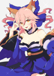 Rule 34 | 1girl, absurdres, animal ear fluff, animal ears, bare shoulders, blue kimono, blue ribbon, blush, breasts, cleavage, detached sleeves, fate/extella, fate/extra, fate/extra ccc, fate (series), fox ears, fox girl, fox shadow puppet, fox tail, hair ribbon, highres, japanese clothes, kimono, large breasts, looking at viewer, open mouth, pink hair, ribbon, simple background, solo, sparkle, tail, tamamo (fate), tamamo no mae (fate/extra), white background, yellow eyes, yoriteruru