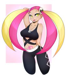 Rule 34 | 1girl, arm behind back, arm behind head, arm up, armpits, ayloulou, bare shoulders, black pants, black shirt, blonde hair, blush, breasts, collarbone, creatures (company), crop top, female focus, game freak, green eyes, hair ornament, highres, jewelry, large breasts, legs apart, long hair, looking at viewer, looking to the side, multicolored hair, navel, necklace, nintendo, pants, pink hair, plumeria (pokemon), pokemon, pokemon sm, quad tails, shirt, simple background, skull hair ornament, sleeveless, sleeveless shirt, smile, solo, standing, tattoo, team skull, tongue, tongue out, two-tone background, two-tone hair, white background
