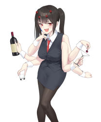 Rule 34 | 1girl, :d, absurdres, arthropod girl, bare shoulders, bartender, black hair, black legwear, blush, bottle, breasts, cherry, clenched hand, cocktail glass, cup, drinking glass, extra arms, fang, food, fruit, highres, insect girl, looking at viewer, monster girl, necktie, open mouth, original, pencil skirt, shot glass, simple background, skirt, sleeveless, smile, solo, spider girl, twintails, urrrt, vest, white background, wrist cuffs