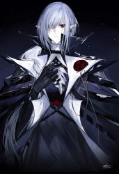 Rule 34 | 1girl, absurdres, arknights, ascot, black gloves, cape, commentary, corsage, earrings, elbow gloves, gladiia (arknights), gloves, grey hair, hair over one eye, hand on own chest, high collar, highres, jewelry, long hair, night, night sky, no headwear, one eye covered, parted lips, pointy ears, red eyes, signature, sky, solo, upper body, white ascot, yuki flourish