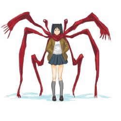 Rule 34 | 1girl, animification, black hair, hands in pockets, jacket, living clothes, long hair, parody, pleated skirt, red scarf, scarf, shobo (shoboyuski), skirt, socks, the thing, the thing (creature), twintails