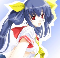 Rule 34 | 1girl, arc system works, blue eyes, blue hair, breasts, dizzy (guilty gear), guilty gear, looking at viewer, matching hair/eyes, open mouth, red eyes, ribbon, sailor collar, smile, solo, umekichi, underboob