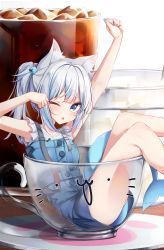 Rule 34 | 1girl, ;o, absurdres, animal ear fluff, animal ears, arm up, beliatan, blue dress, blue eyes, blue hair, blush, cat ears, cup, dress, feet out of frame, fins, fish tail, gawr gura, gawr gura (casual), highres, hololive, hololive english, in container, in cup, looking at viewer, multicolored hair, nail polish, official alternate costume, one eye closed, rubbing eyes, shark tail, side ponytail, solo, streaked hair, tail, triangle mouth, virtual youtuber, white hair
