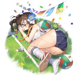 Rule 34 | 1girl, accident, ass, ball, black-framed eyewear, blue eyes, braid, brown hair, buruma, confetti, crooked eyewear, croquette, entangled, flag, flags of all nations, flower, glasses, grass, hair flower, hair ornament, kino books, long hair, looking at viewer, lying, official art, on ground, on side, shoes, single shoe, sneakers, solo, string of flags, sweat, track uniform, transparent background, uchi no hime-sama ga ichiban kawaii, volleyball (object), volleyball net, whoisshe