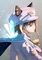 Rule 34 | 1girl, animal ears, ascot, blue cape, blue eyes, brown hair, cape, cheval grand (umamusume), closed mouth, collared jacket, collared shirt, commentary request, ear covers, ears through headwear, grey background, hair between eyes, hat, hat belt, highres, horse ears, horse girl, jacket, looking at viewer, multicolored hair, peaked cap, sasa fune, shirt, simple background, solo, streaked hair, umamusume, white hair, white hat, white jacket, yellow ascot