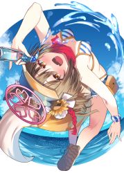 Rule 34 | 1girl, absurdres, animal ear fluff, animal ears, arm up, beach, bikini, bikini under clothes, blue archive, blush, bottle, breasts, brown eyes, brown hair, cloud, cutoffs, denim, denim shorts, fang, flower, fox ears, fox girl, fox tail, hair flower, hair ornament, halo, highres, hosigarasu22, izuna (blue archive), izuna (swimsuit) (blue archive), kneepits, leaning back, legs, looking at viewer, ocean, open mouth, outdoors, sandals, short hair, short shorts, shorts, sky, smile, solo, striped bikini, striped clothes, sunflower, swimsuit, tail, thighs, visor cap