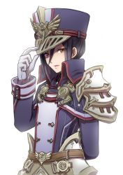 Rule 34 | 1girl, armor, gloves, hat, long hair, looking at viewer, military, military hat, military uniform, morag ladair (xenoblade), nintendo, pauldrons, red eyes, reverse trap, shoulder armor, simple background, smile, solo, takano (yotakanoyume), uniform, white background, xenoblade chronicles (series), xenoblade chronicles 2, xenoblade chronicles (series), xenoblade chronicles 2