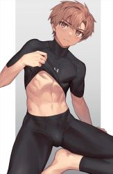 Rule 34 | 1boy, arm support, barefoot, black leggings, black shirt, blush, brown eyes, brown hair, bulge, clothes lift, hand up, head tilt, highres, leggings, lifting own clothes, light frown, looking at viewer, male focus, navel, nayoshi (r-744), original, outside border, shirt, shirt lift, short hair, short sleeves, sitting, solo, spread legs, turtleneck, under armour
