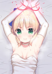 Rule 34 | &gt;:(, 1girl, ahoge, aizawa85, aqua eyes, areola slip, armpits, arms up, artoria pendragon (all), artoria pendragon (fate), bdsm, bed sheet, blonde hair, blue bow, blush, bondage, bound, bound wrists, bow, breasts, breasts apart, choker, collarbone, cover, dress, fate/stay night, fate (series), from above, hair bow, looking at viewer, lying, official alternate costume, on back, ponytail, saber (fate), short hair, small breasts, solo, strapless, strapless dress, sweat, upper body, v-shaped eyebrows, wavy mouth, white choker, white dress