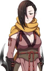Rule 34 | 1girl, arm blade, black hair, blush, breasts, brown eyes, cleavage, female focus, fire emblem, fire emblem fates, hair over one eye, kagero (fire emblem), large breasts, looking at viewer, nintendo, official art, scarf, simple background, solo, upper body, weapon