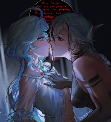 Rule 34 | 2girls, ahoge, arlecchino (genshin impact), blue eyes, bow, bowtie, breasts, english text, eye contact, face-to-face, furina (genshin impact), genshin impact, hand on another&#039;s chest, highres, imminent kiss, keibleh, lips, looking at another, medium breasts, multiple girls, navel, open mouth, small breasts, sweat, symbol-shaped pupils, white hair, x-shaped pupils, yuri