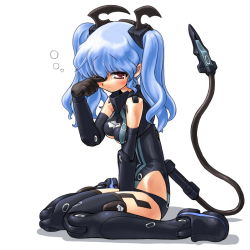 Rule 34 | 10s, 1girl, bad id, bad pixiv id, bare shoulders, between legs, black footwear, black gloves, black thighhighs, blue hair, blush, boots, breasts, busou shinki, cable, cable tail, clothes writing, clothing cutout, dd (ijigendd), doll joints, elbow gloves, expressionless, finger to face, from side, gloves, hand between legs, headgear, highleg, highleg leotard, joints, leotard, long hair, looking down, mechanical tail, purple eyes, red eyes, shadow, short hair, sitting, sleepy, small breasts, solo, tail, thigh boots, thighhighs, twintails, underboob, underboob cutout, valona, wariza, wavy hair