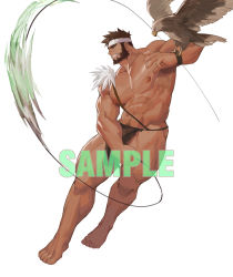 Rule 34 | 1boy, abs, absurdres, animal on arm, attack, bara, bare pectorals, beard, bird, bird on arm, brown hair, brown male underwear, bulge, commission, eagle, facial hair, full body, headband, highres, large pectorals, loincloth, male focus, male underwear, mature male, muscular, muscular male, navel, navel hair, nipples, original, pectorals, penis, penis peek, revealing clothes, sample watermark, scar, scar on face, scar on nose, short hair, smile, solo, stomach, thick eyebrows, thick thighs, thighs, underwear, watermark, xianyusamuel