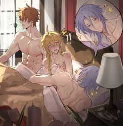 Rule 34 | !?, 3boys, abs, absurdres, aether (genshin impact), alternate hairstyle, bed, bite mark, blanket, blue hair, blush, bruise, closed eyes, condom, curtains, day, earrings, genshin impact, ha ze, hair down, heart, hickey, highres, indoors, injury, jewelry, kamisato ayato, lamp, long hair, love triangle, lying, male focus, mole, mole under mouth, multiple boys, multiple views, nose blush, on side, orange hair, pectorals, pillow, scratches, single earring, sitting, sparkle, squiggle, tartaglia (genshin impact), toned, toned male, used condom, window, yaoi, yellow eyes
