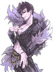 Rule 34 | 1boy, belial (granblue fantasy), belt, black pants, black shirt, cowboy shot, feather boa, granblue fantasy, hand on own hip, pectoral cleavage, male focus, manly, middle finger, midriff, pants, parted lips, pectorals, pointing, pointing at self, red eyes, shirt, simple background, smile, solo, toned, toned male, white background