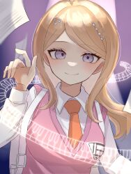 Rule 34 | 1girl, ahoge, akamatsu kaede, backpack, bag, blonde hair, breasts, closed mouth, collared shirt, danganronpa (series), danganronpa v3: killing harmony, fortissimo, hair ornament, hand up, highres, large breasts, long hair, long sleeves, looking at viewer, musical note, musical note hair ornament, necktie, ni boshi, orange necktie, pink eyes, pink sweater vest, shirt, smile, solo, sweater vest, upper body, white bag, white shirt