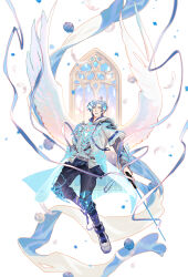 Rule 34 | 1boy, absurdres, angel, angel wings, aqua eyes, armor, black pants, blue flower, blue hair, blue ribbon, blue rose, commentary, english commentary, falling petals, faulds, feather trim, feathers, flower, full body, grey hoodie, gun, gunblade, hair ornament, highres, holding, holding gun, holding weapon, holostars, holostars english, hood, hood down, hoodie, jacket, layered sleeves, long sleeves, looking at viewer, male focus, pants, parted bangs, parted lips, petals, poleyn, regis altare, ribbon, rm-parfait, rose, see-through, shoes, short hair, short over long sleeves, short sleeves, shoulder armor, solo, vambraces, virtual youtuber, waist cape, weapon, white background, white feathers, white flower, white footwear, white jacket, white rose, window, wings