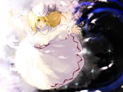 Rule 34 | 1girl, :d, blonde hair, blush stickers, collared shirt, commentary request, hat, highres, kaigen 1025, lily white, long hair, long sleeves, open mouth, outstretched arms, shirt, skirt, skirt set, smile, solo, spread arms, touhou, white hat, white shirt, white skirt, yellow eyes