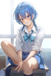 Rule 34 | 1girl, absurdres, barefoot, black socks, blue bow, blue bowtie, blue hair, blue skirt, blush, bow, bowtie, chair, chakuma (yiyh1468), collarbone, collared shirt, desk, earrings, eyelashes, foot out of frame, hair between eyes, highres, hololive, hoshimachi suisei, indoors, jewelry, knee up, kneehighs, looking at viewer, loose bowtie, medium hair, official alternate hairstyle, on desk, parted lips, pleated skirt, school chair, school desk, shirt, sitting, on desk, skirt, socks, solo, star (symbol), star in eye, symbol in eye, teeth, toes, virtual youtuber, white shirt