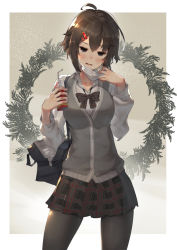 Rule 34 | 1girl, ahoge, bag, black bow, black bowtie, black eyes, black pantyhose, black skirt, blush, bow, bowtie, brown hair, collarbone, collared shirt, commentary request, cowboy shot, drinking straw, grey background, grey shirt, grey vest, hair ornament, hairclip, holding, long sleeves, looking at viewer, mask, mask pull, miniskirt, mouth mask, nose blush, open bag, original, pantyhose, parted lips, plaid, plaid skirt, pleated skirt, pulling own clothes, school uniform, scottie (phantom2), shirt, short hair, shoulder bag, skirt, solo, surgical mask, tears, vest