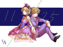 Rule 34 | 1boy, 1girl, artist name, blonde hair, blue eyes, brother and sister, choker, colorized, commentary request, corset, ascot, dated, dress, flat chest, flower, frilled dress, frills, grin, hair flower, hair ornament, hair ribbon, holding hands, hetero, ichi ka, interlocked fingers, kagamine len, kagamine rin, kneeling, ribbon, ribbon choker, rose, shoes, short hair, siblings, signature, sitting, smile, twins, vest, vocaloid