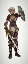 Rule 34 | 1girl, armor, black choker, boots, borrowed character, breasts, chainmail, choker, dark-skinned female, dark skin, earrings, full body, grey hair, highres, holding, holding shield, holding sword, holding weapon, jewelry, knee pads, large breasts, looking at viewer, mossacannibalis, no panties, orange eyes, original, parted lips, pauldrons, pelvic curtain, ramona (the prey), scabbard, scar, scar on face, sheath, shield, short hair, shoulder armor, simple background, smile, solo, sword, torn clothes, weapon, white background