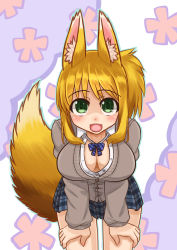 Rule 34 | 10s, 1girl, absurdres, animal ears, blonde hair, blush, breasts, cleavage, dog days, fox ears, fox tail, gankon, green eyes, highres, large breasts, long hair, open mouth, pleated skirt, ponytail, skirt, smile, solo, tail, thighhighs, uniform, yukikaze panettone