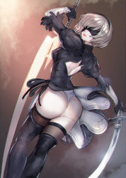 Rule 34 | 1girl, ass, backless outfit, black dress, black thighhighs, blindfold, breasts, dress, hairband, hidezi, highres, holding, holding sword, holding weapon, leotard, lips, looking at viewer, looking back, mole, mole under mouth, nier (series), nier:automata, short hair, skirt, solo, sword, thighhighs, thighs, weapon, white hair, white leotard, 2b (nier:automata)