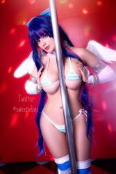 Rule 34 | between breasts, bikini, black hair, breasts, cosplay, highres, large breasts, looking at viewer, mexican (nationality), panty &amp; stocking with garterbelt, panty (psg), photo (medium), pole, real life, stocking (psg), striped bikini, striped clothes, striped thighhighs, stripper pole, sweetieline, swimsuit, thighhighs