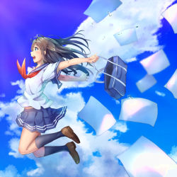 Rule 34 | 1girl, antenna hair, bag, blouse, blue eyes, blue socks, blue sailor collar, blue skirt, blue sky, brown footwear, brown hair, cloud, commentary request, day, flying paper, highres, holding, holding bag, jumping, kneehighs, kyon (kyouhei-takebayashi), loafers, long hair, miniskirt, open bag, open mouth, original, outstretched arms, paper, pleated skirt, red ribbon, ribbon, sailor collar, school bag, school uniform, serafuku, shirt, shoes, short sleeves, skirt, sky, socks, solo, water drop, white shirt