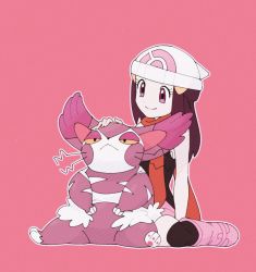 Rule 34 | 1girl, beanie, boots, closed mouth, creatures (company), dawn (pokemon), eyelashes, game freak, gen 4 pokemon, hair ornament, hairclip, hat, headpat, highres, hungry seishin, long hair, nintendo, orange scarf, outline, over-kneehighs, pink background, pink footwear, pokemon, pokemon (creature), pokemon dppt, purple eyes, purugly, scarf, sidelocks, simple background, sitting, smile, thighhighs, white headwear