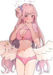 Rule 34 | 1girl, angel wings, blue archive, blush, bra, breasts, cleavage, clothes lift, hair bun, halo, highres, lifting own clothes, long hair, looking at viewer, medium breasts, mika (blue archive), navel, panties, pink bra, pink hair, pink panties, shirt lift, simple background, single side bun, solo, solokitsune, sweatdrop, thigh gap, underwear, very long hair, white background, white wings, wings