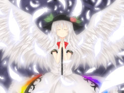 Rule 34 | 1girl, alternate hair color, angel wings, aru gunsou, bad id, bad pixiv id, bow, closed eyes, feathers, female focus, food, frills, fruit, hat, hinanawi tenshi, leaf, light smile, long hair, m.u.g.e.n, mixarumixa, own hands clasped, own hands together, peach, short sleeves, simple background, smile, solo, touhou, very long hair, white hair, wings