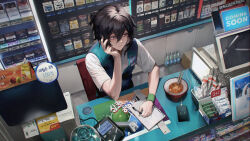 Rule 34 | 1boy, absurdres, black hair, bored, bowl, cellphone, chopsticks, closed mouth, frown, gift card, hand on own cheek, hand on own face, highres, holding, holding pen, jar, mmlyno, notebook, original, pen, phone, ponytail, purple eyes, shore, short sleeves, sitting, smartphone, solo, store clerk, tablet pc, vest