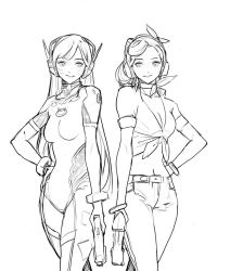 Rule 34 | 1girl, belt, bracelet, breasts, cleavage, closed mouth, collarbone, cruiser d.va, d.va (overwatch), earrings, facial mark, greyscale, gun, hand on own hip, headphones, holding, holding gun, holding weapon, hoop earrings, jewelry, long hair, looking at another, monochrome, navel, overwatch, overwatch 1, plugsuit, simple background, sketch, sleeves rolled up, smile, solo, takssmask, turtleneck, weapon, whisker markings, white background