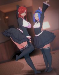 Rule 34 | 2girls, blue hair, breasts, dress, erza scarlet, fairy tail, female focus, full body, gothic lolita, headband, large breasts, levy mcgarden, lolita fashion, multiple girls, red hair, thighhighs