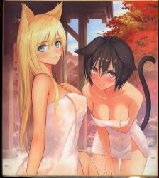 Rule 34 | 2girls, animal ears, black hair, blonde hair, blue eyes, breasts, cat ears, cat girl, cat tail, cleavage, highres, hot, looking at viewer, multiple girls, naked towel, non-web source, onsen, outdoors, pink eyes, tail, tony taka, towel