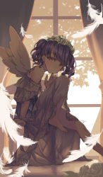 Rule 34 | 1girl, absurdres, angel wings, black hair, commentary request, curtains, dress, feathers, flower, flower wreath, fukumaru koito, hair flower, hair ornament, highres, idolmaster, idolmaster shiny colors, knee up, long dress, looking at viewer, looking to the side, medium hair, off-shoulder dress, off shoulder, purple eyes, sitting, solo, sorano eika, thighs, twintails, white dress, window, wings