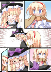 Rule 34 | 2girls, alice margatroid, blue eyes, blush, fang, female focus, hair ribbon, hairband, hat, kirisame marisa, multiple girls, non-web source, perfect cherry blossom, ribbon, scarf, short hair, sneezing, snow, takami akio, touhou, witch, witch hat