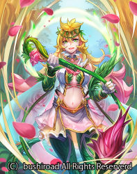 Rule 34 | 10s, 1girl, blonde hair, cape, cardfight!! vanguard, center opening, company name, flower, gloves, green eyes, hair flower, hair ornament, leaf, long hair, maiden of damask rose, midriff, navel, official art, open mouth, petals, plant, rose, solo, teeth, todee, tree, vines