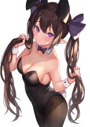 Rule 34 | 1girl, alternate costume, animal ears, bare arms, bare shoulders, black hairband, black leotard, blush, bow, bowtie, breasts, brown hair, brown pantyhose, cleavage, commentary request, cowboy shot, detached collar, fake animal ears, fake tail, hair bow, hairband, highres, himekaidou hatate, holding, holding own hair, leotard, long hair, looking at viewer, medium breasts, pantyhose, playboy bunny, pointy ears, purple bow, purple bowtie, purple eyes, rabbit ears, rabbit tail, simple background, solo, standing, strapless, strapless leotard, tail, thighs, touhou, twintails, very long hair, white background, wowoguni, wrist cuffs