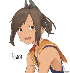 Rule 34 | 10s, 1girl, :d, absurdres, brown eyes, brown hair, highres, i-401 (kancolle), kantai collection, kawashina (momen silicon), long hair, open mouth, ponytail, sailor collar, school swimsuit, school uniform, serafuku, simple background, smile, solo, swimsuit, swimsuit under clothes, upper body, white background