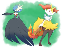 Rule 34 | 2girls, alternate color, animal ear fluff, animal ears, animal focus, arm at side, arm up, backless dress, backless outfit, bare shoulders, black fur, black gloves, blue hair, bob cut, body fur, border, braixen, closed mouth, colored skin, creatures (company), dress, elbow gloves, female focus, fire, flat chest, fox ears, fox girl, fox tail, from behind, full body, furry, furry female, game freak, gardevoir, gen 3 pokemon, gen 6 pokemon, gloves, green background, hair over one eye, happy, highres, holding, holding stick, koma sk, long dress, looking back, mega gardevoir, mega pokemon, multicolored fur, multiple girls, neck fur, nintendo, one eye covered, orange eyes, outside border, outstretched arm, pokemon, pokemon (creature), profile, pyrokinesis, red eyes, shiny pokemon, short hair, simple background, smile, snout, split mouth, standing, stick, strapless, strapless dress, tail, white border, white fur, white skin, yellow fur