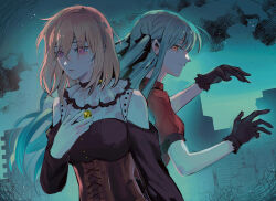 2girls absurdres back-to-back bang_dream! bang_dream!_it&#039;s_mygo!!!!! black_dress black_gloves black_ribbon blonde_hair blue_hair brown_corset building closed_mouth clothing_cutout commentary corset dress earrings glint gloves hair_between_eyes hair_ribbon hand_on_own_chest highres jewelry long_hair long_sleeves looking_at_viewer maybecrosswise medium_hair misumi_uika multiple_girls night outdoors parted_lips purple_eyes red_shirt ribbon shirt shoulder_cutout sidelocks star_(sky) togawa_sakiko two_side_up yellow_brooch yellow_eyes