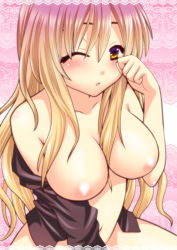 Rule 34 | 1girl, bare shoulders, blonde hair, border, bottomless, breasts, female focus, gradient hair, hijiri byakuren, lace, lace background, lace border, large breasts, long hair, multicolored hair, naked shirt, navel, nipples, no bra, no panties, off shoulder, one eye closed, open clothes, open shirt, ornate border, purple hair, rubbing eyes, saki chisuzu, shirt, solo, touhou, two-tone hair, wince, wink, yellow eyes